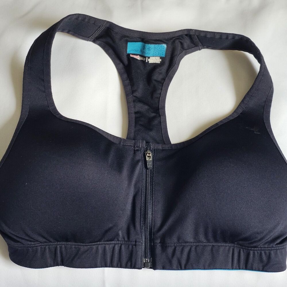 Under Armour HeatGear High-Impact Sports Bra 36B Black Teal Zipper Racerback
